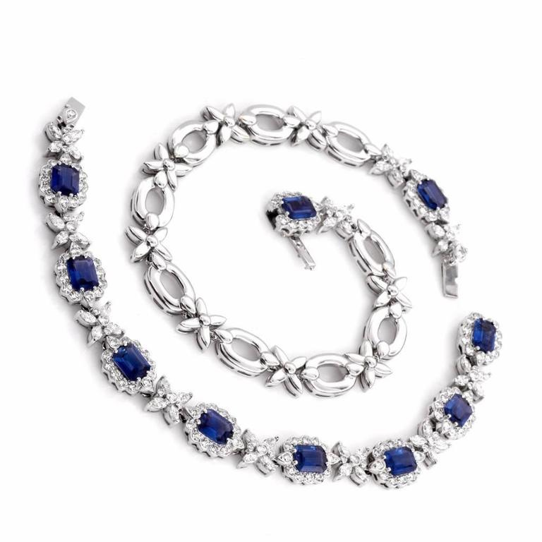Sapphire Diamond Cluster Link Necklace and Bracelet at 1stDibs