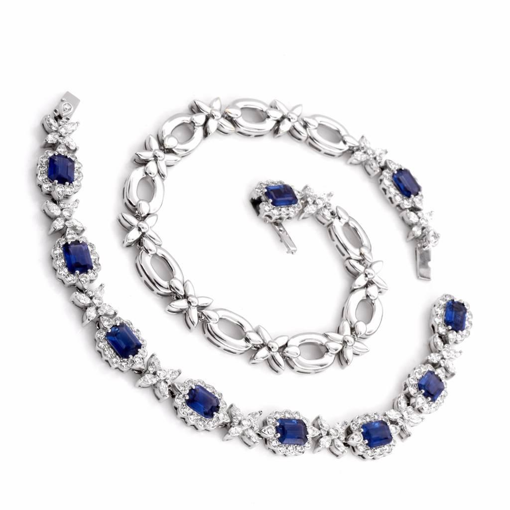 This 1980's estate sapphire and diamond necklace or bracelet is crafted in 18k white gold. It is incorporates with 10 flexible links of rectangular lady Diana style setting, each centered with emerald-cut genuine sapphires of an enchanting blue
