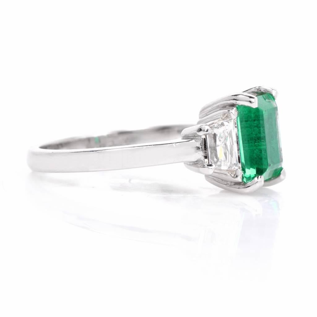 Women's Colombian Emerald Platinum Three-Stone Engagement Ring