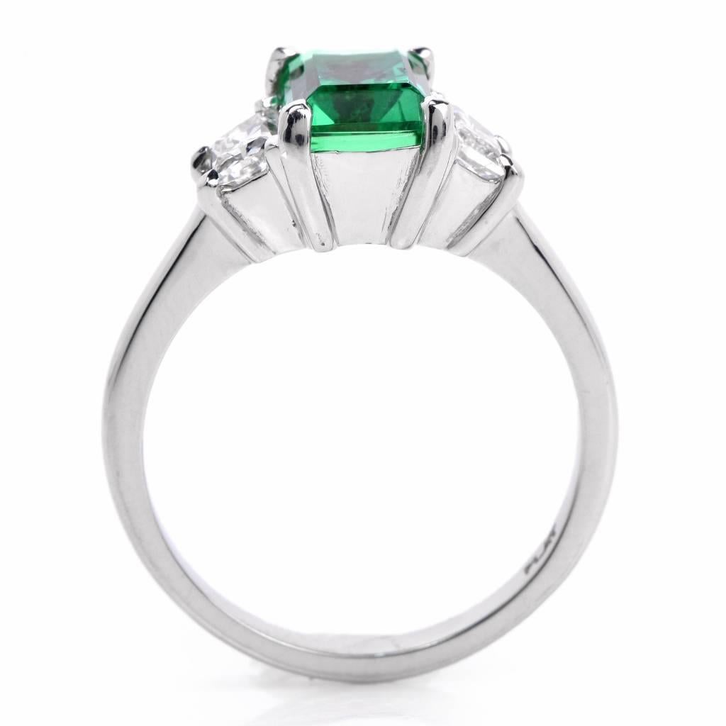 Colombian Emerald Platinum Three-Stone Engagement Ring In Excellent Condition In Miami, FL