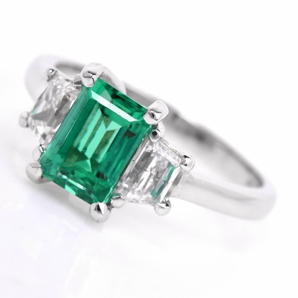 Colombian Emerald Platinum Three-Stone Engagement Ring 1