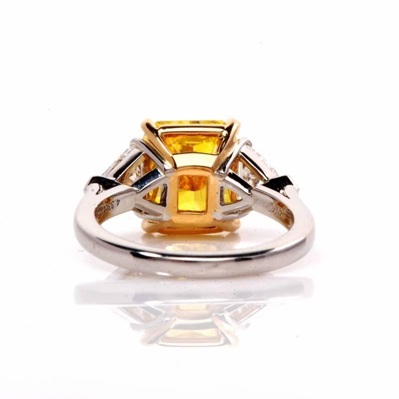 Cartier 4.33 Carat GIA Intense Fancy Yellow Diamond Platinum Ring In New Condition In Miami, FL