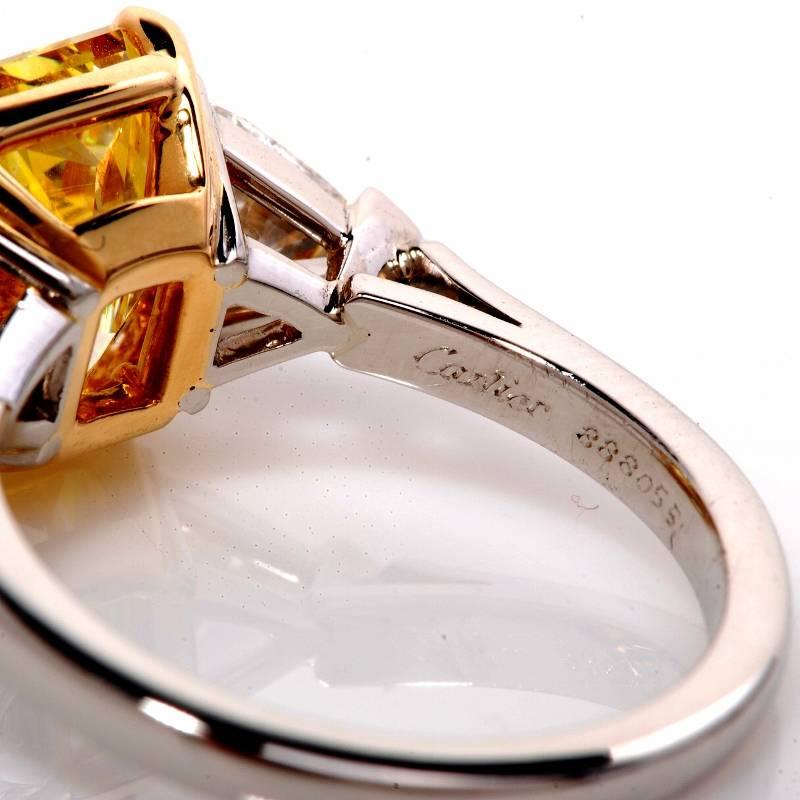 Women's or Men's Cartier 4.33 Carat GIA Intense Fancy Yellow Diamond Platinum Ring