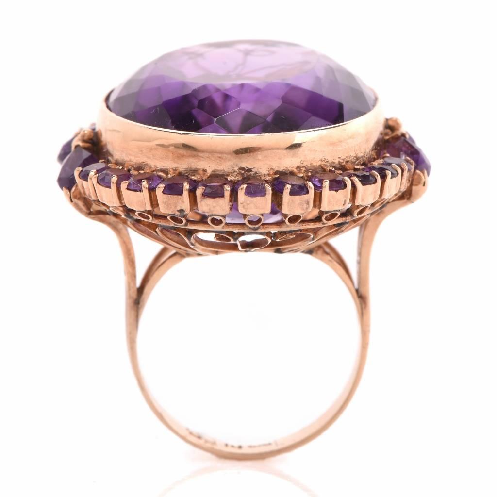 Retro 51.65 Carat Amethyst Yellow Gold Cocktail Cluster Ring In Excellent Condition In Miami, FL