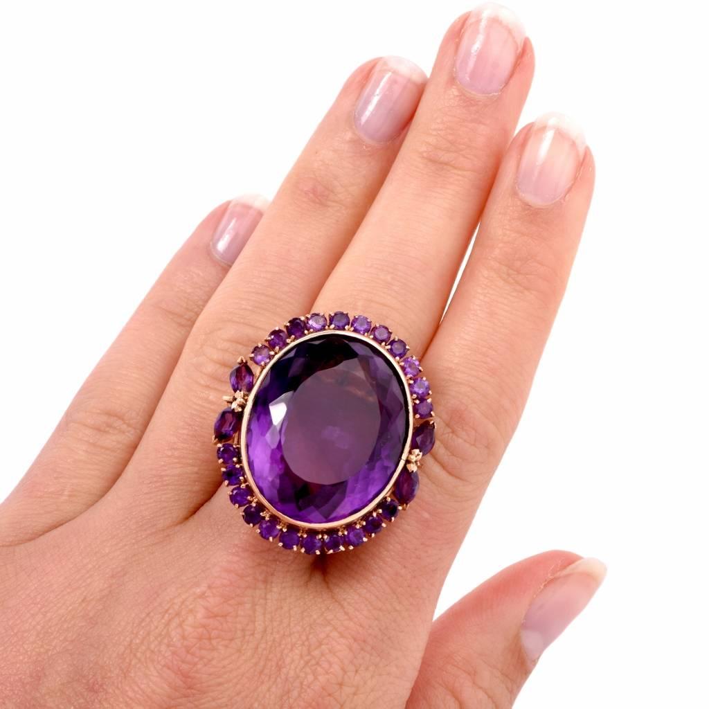 Marquise Cut Retro 51.65 Carat Amethyst Yellow Gold Cocktail Cluster Ring