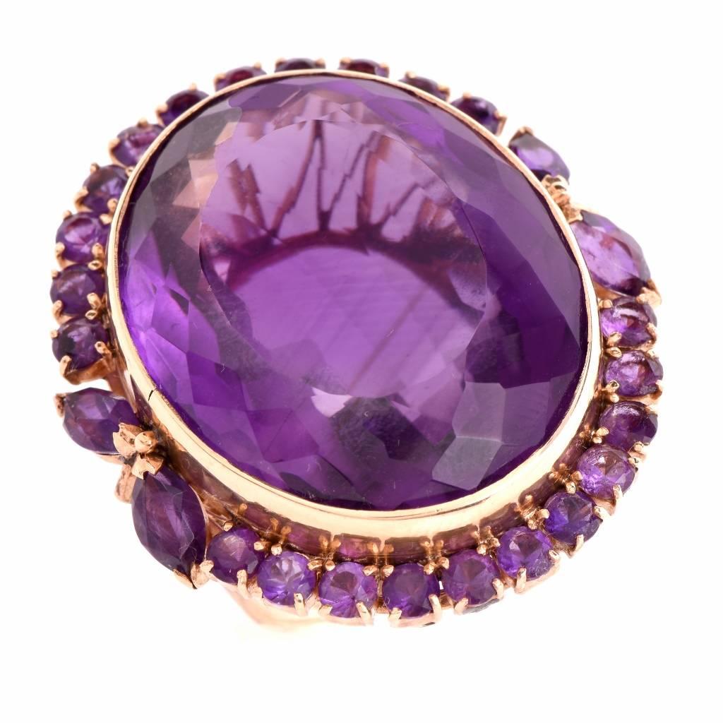 Retro 51.65 Carat Amethyst Yellow Gold Cocktail Cluster Ring 2