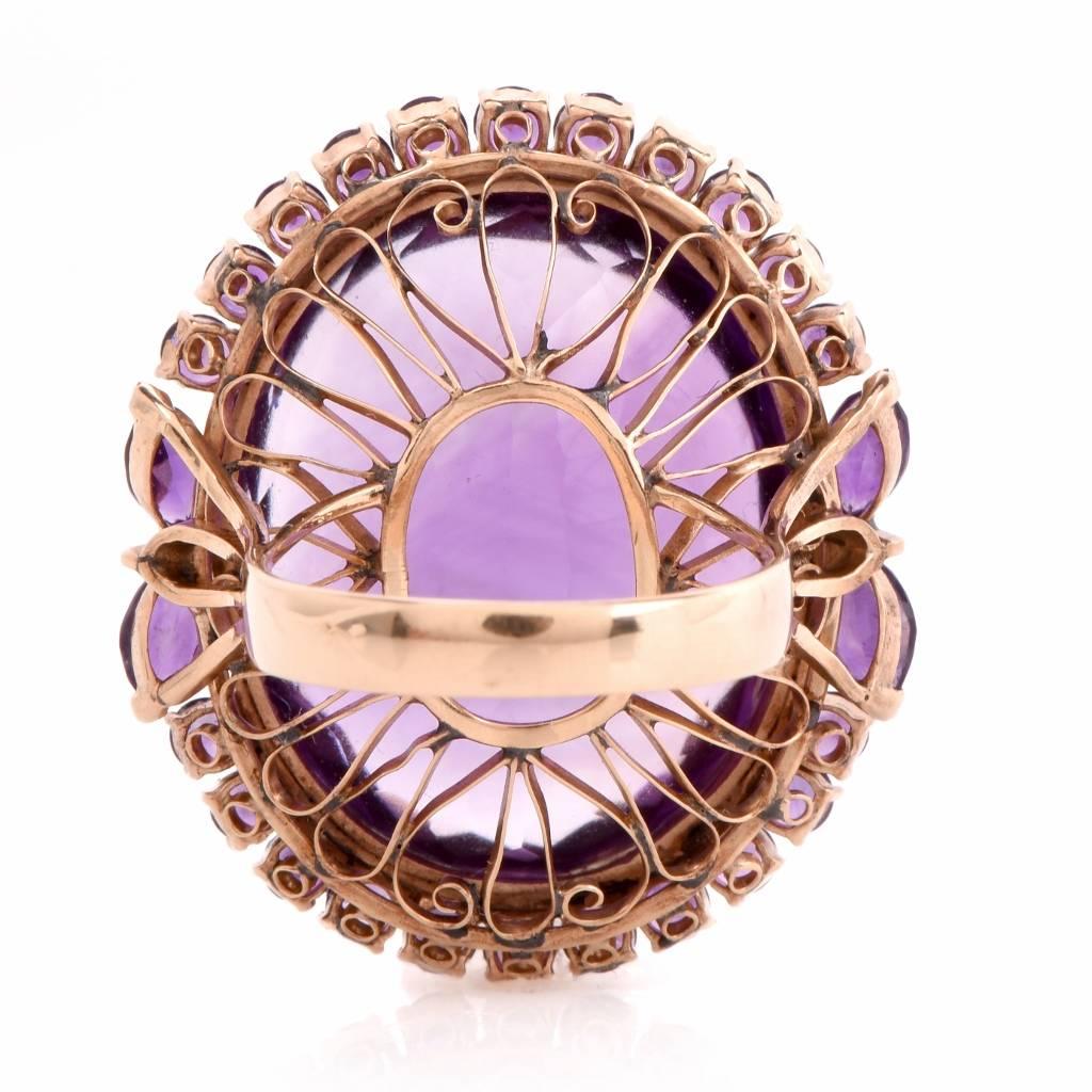 Retro 51.65 Carat Amethyst Yellow Gold Cocktail Cluster Ring 3