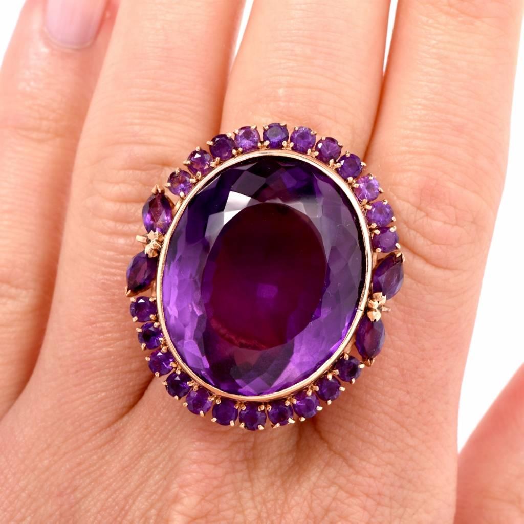 Retro 51.65 Carat Amethyst Yellow Gold Cocktail Cluster Ring 4