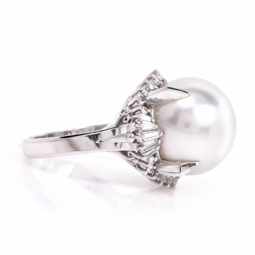 Large AAA South Sea Pearl Diamond Platinum Cocktail Ring In Excellent Condition In Miami, FL