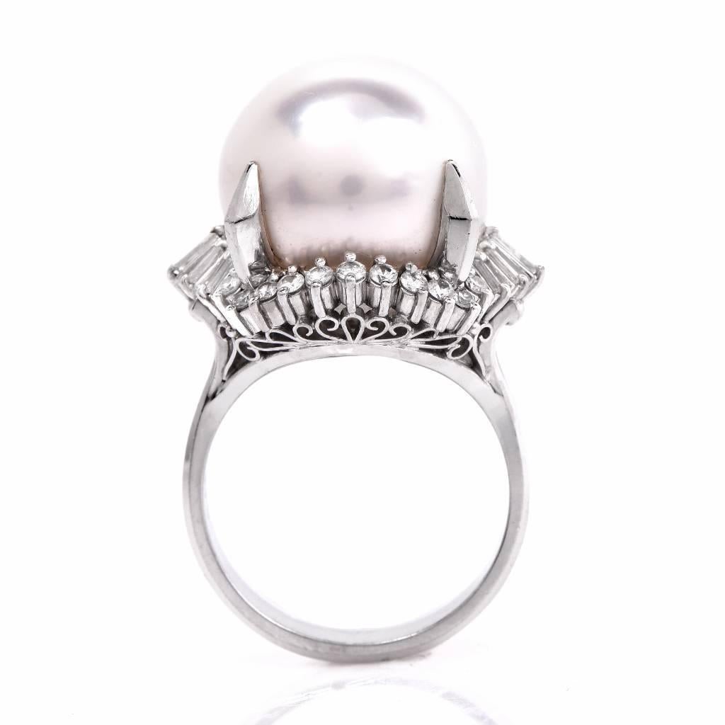Baguette Cut Large AAA South Sea Pearl Diamond Platinum Cocktail Ring