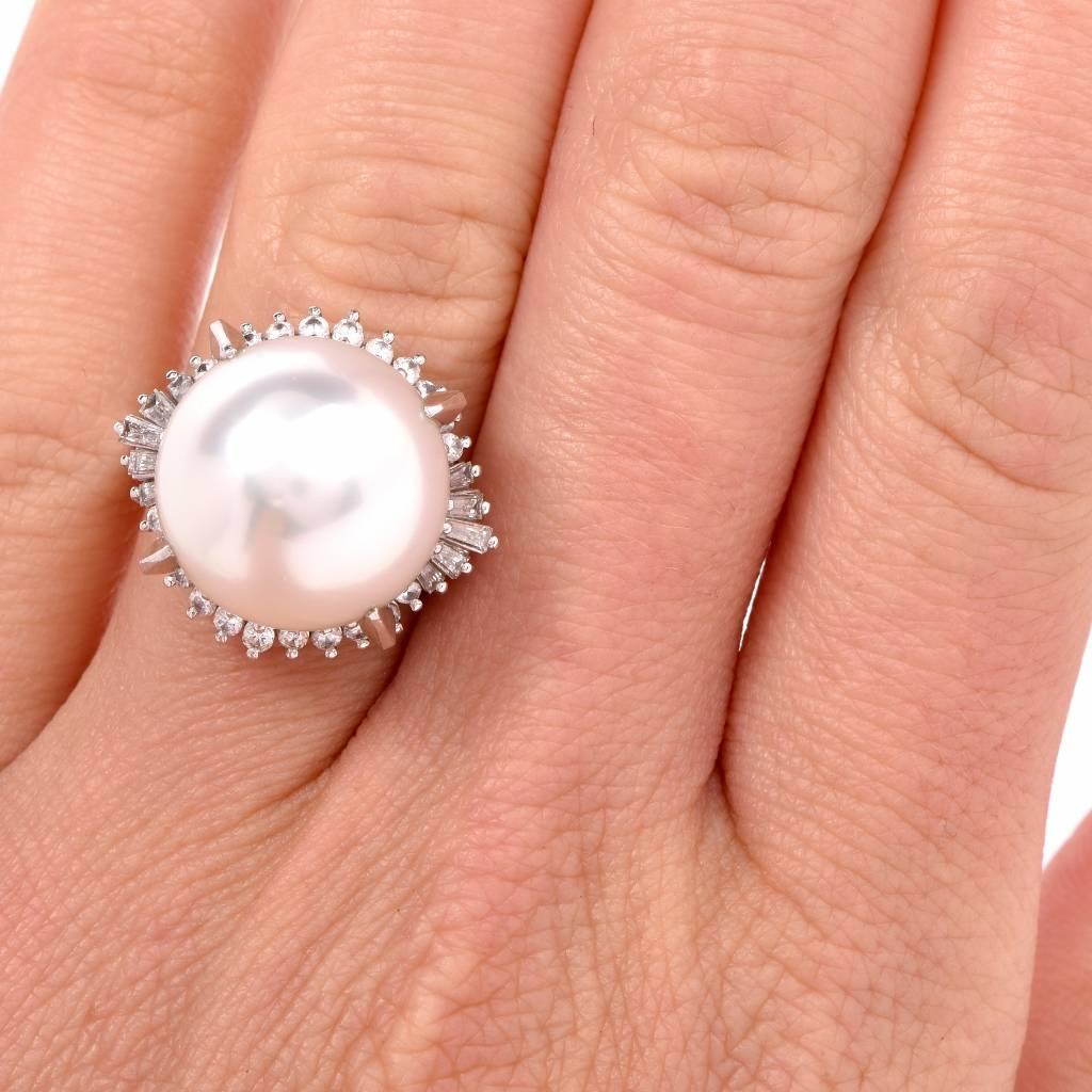 Large AAA South Sea Pearl Diamond Platinum Cocktail Ring 1