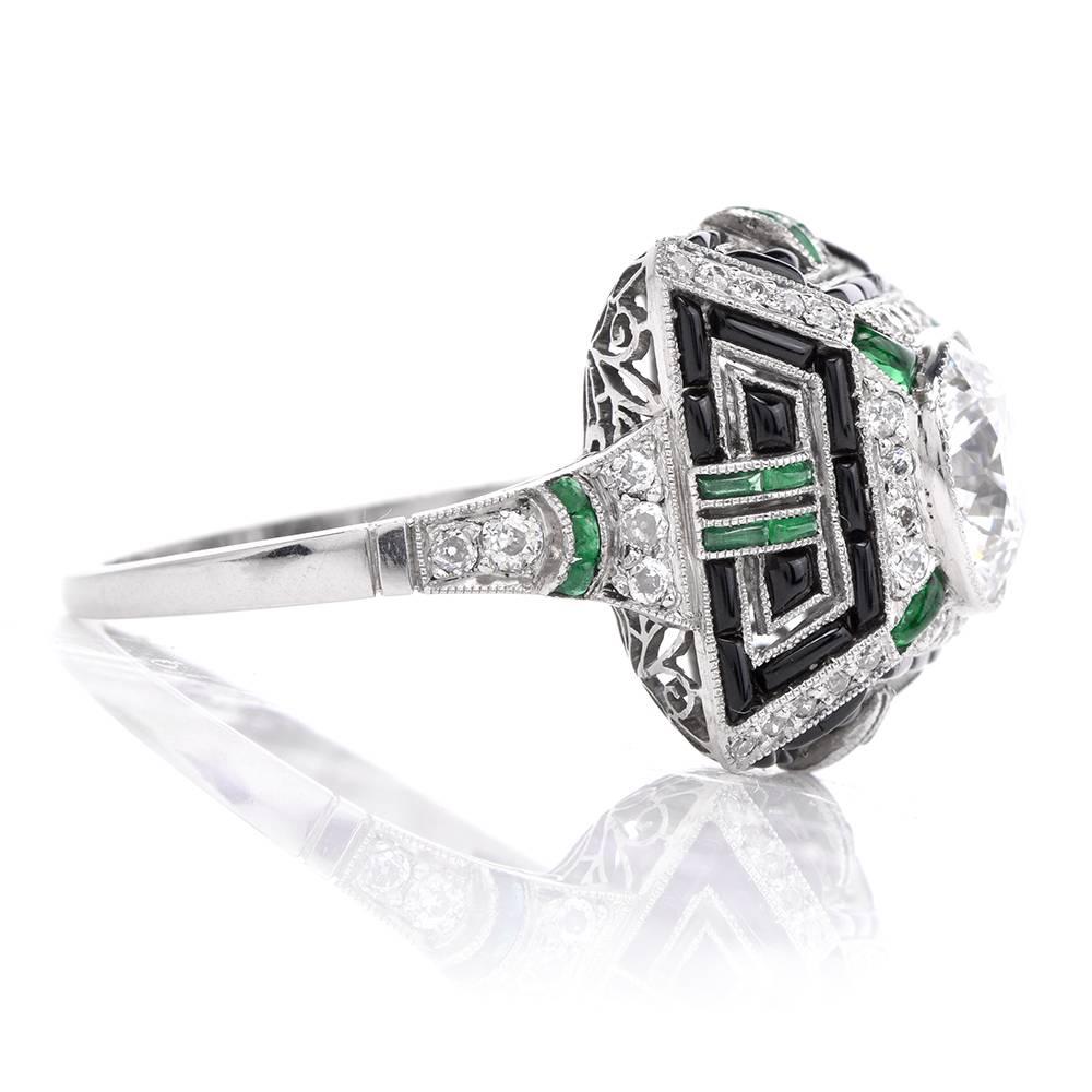 Women's Geometric Diamond Emerald Onyx Platinum Cocktail Ring
