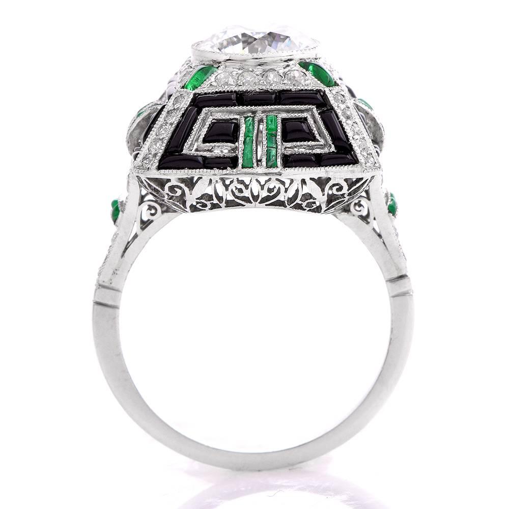 Geometric Diamond Emerald Onyx Platinum Cocktail Ring In Excellent Condition In Miami, FL