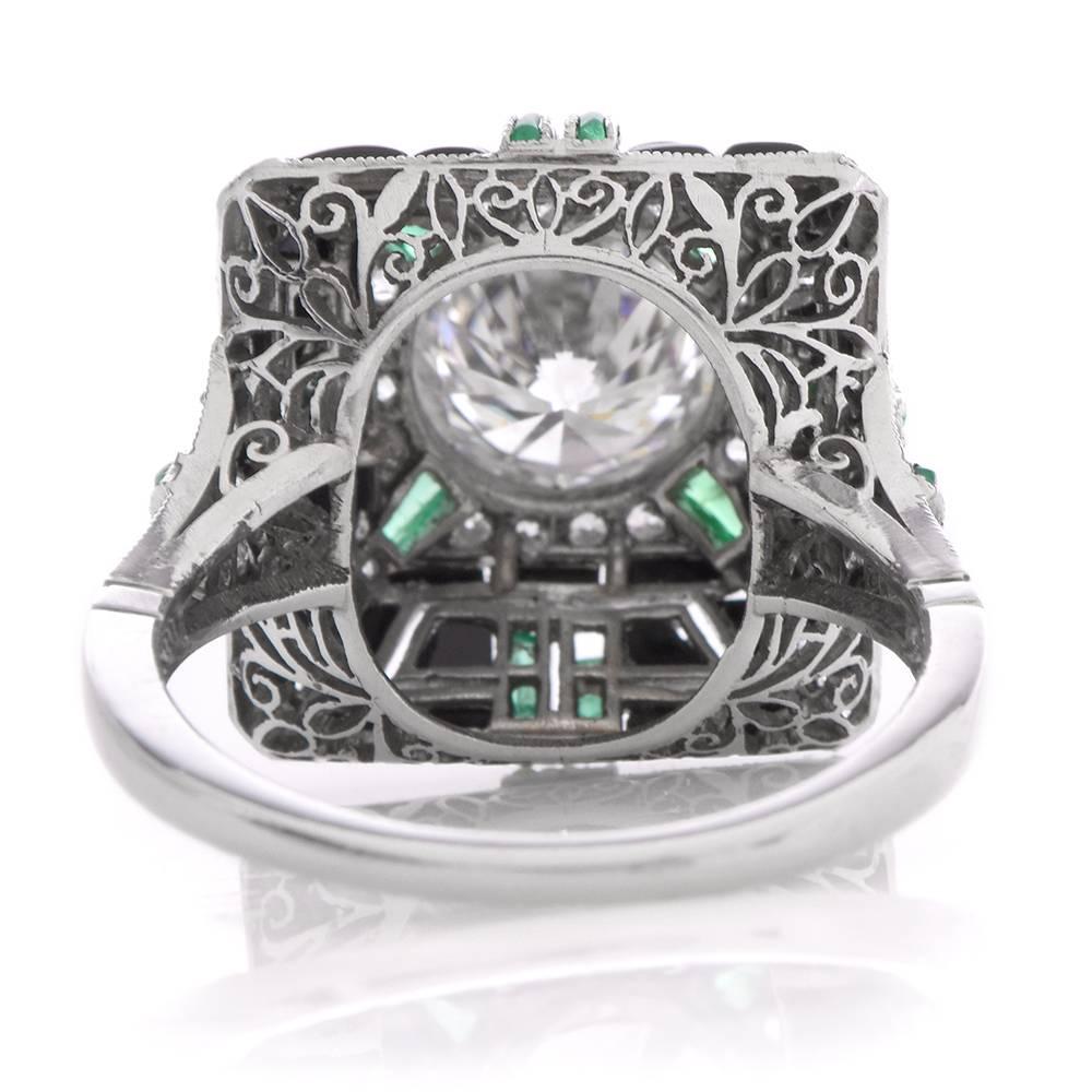 Geometric Diamond Emerald Onyx Platinum Cocktail Ring 1
