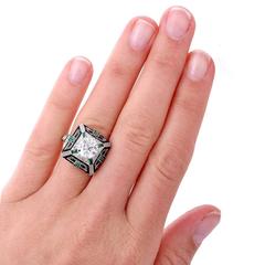 Geometric Diamond Emerald Onyx Platinum Cocktail Ring