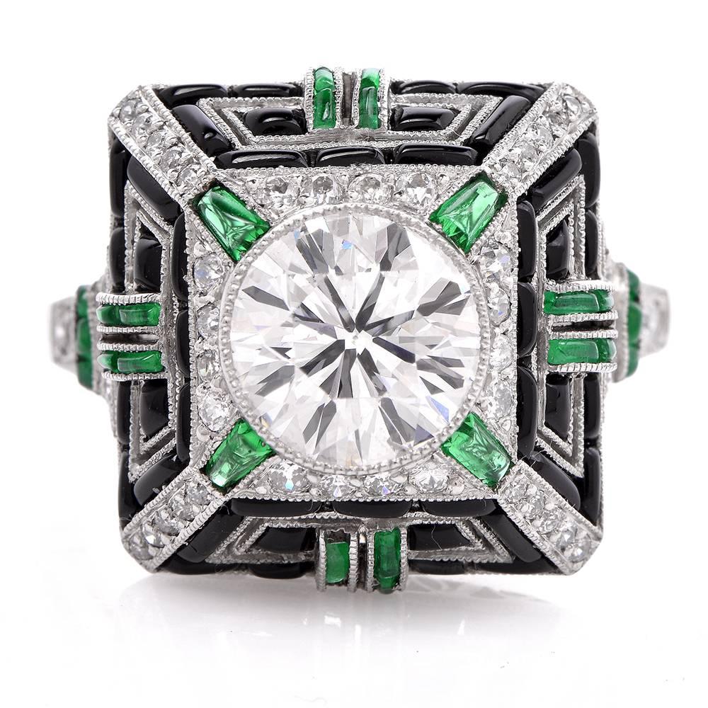 Art Deco Geometric Diamond Emerald Onyx Platinum Cocktail Ring