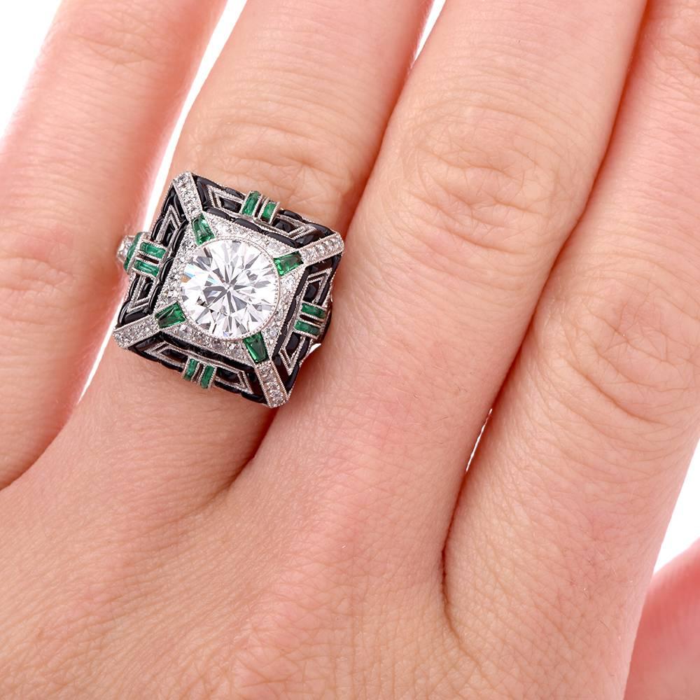 Geometric Diamond Emerald Onyx Platinum Cocktail Ring 2