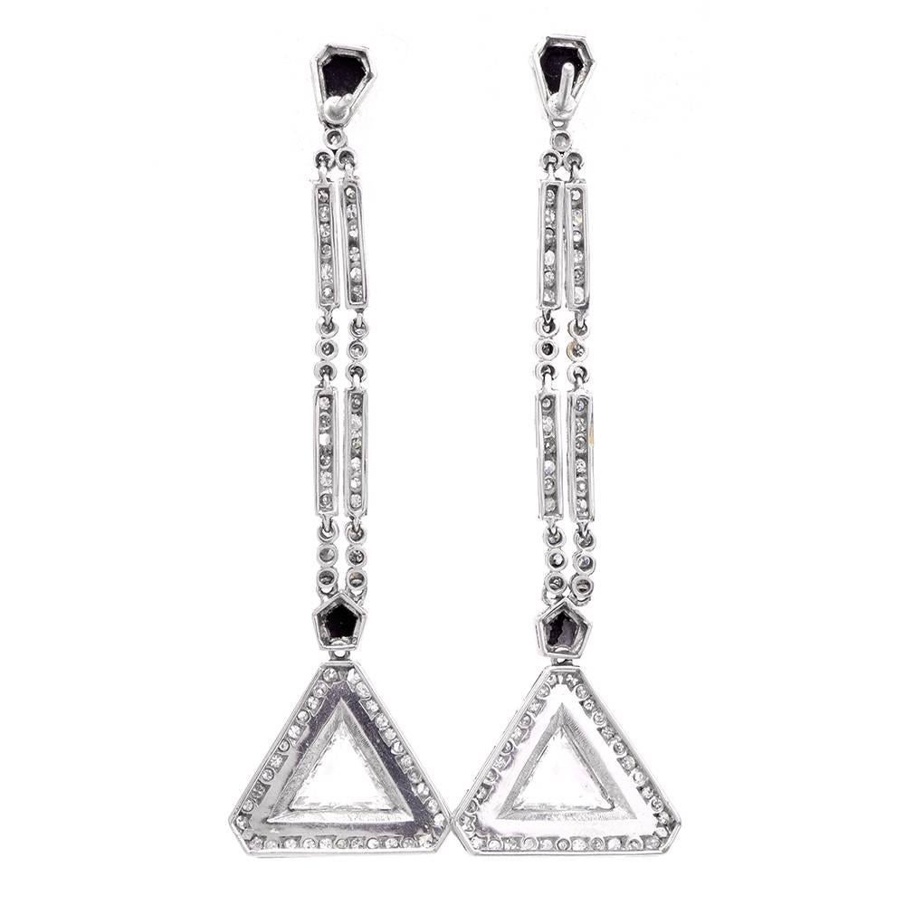 Art Deco Geometric Onyx Diamond Platinum Drop Pendant Earrings