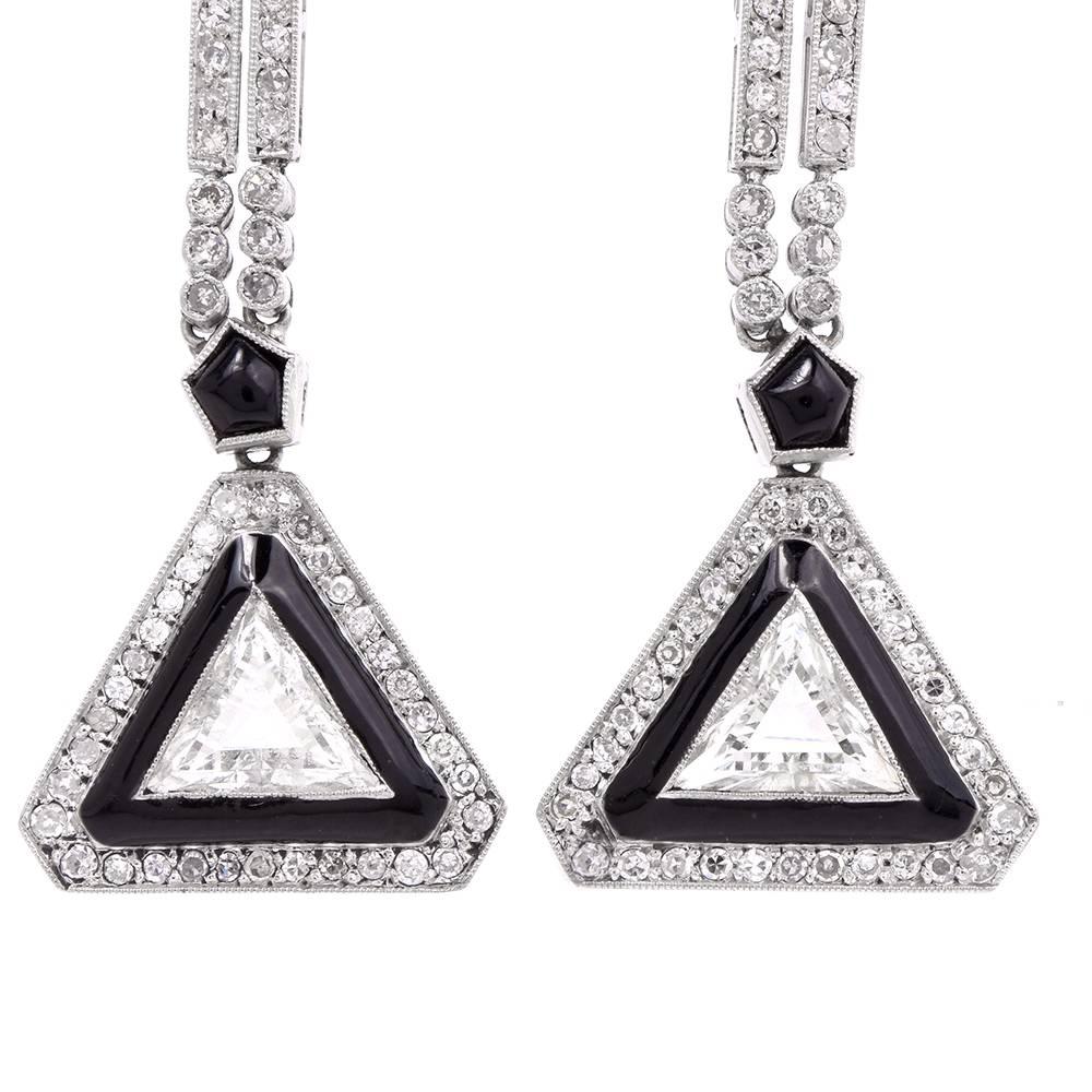 Geometric Onyx Diamond Platinum Drop Pendant Earrings In Excellent Condition In Miami, FL