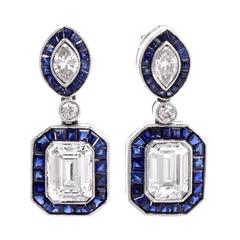  Diamond Blue Sapphire Platinum Drop Earrings