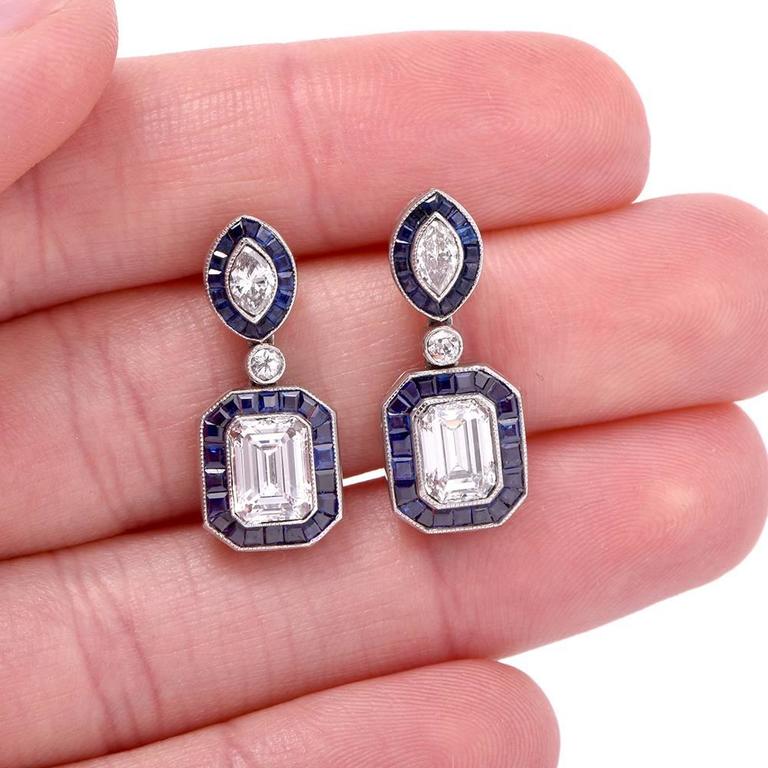 Diamond Blue Sapphire Platinum Drop Earrings at 1stDibs