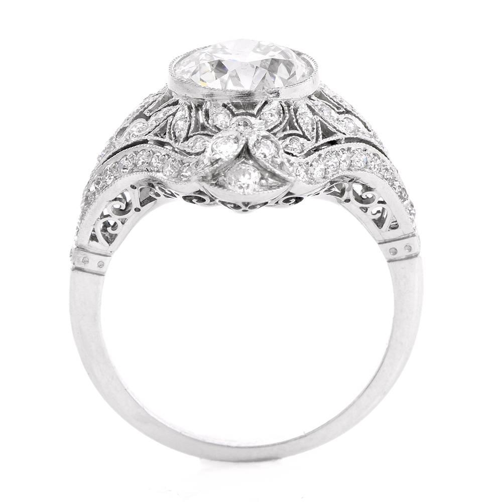 Women's Antique 2.25 Carat Diamond Platinum Filigree Engagement Cocktail Ring