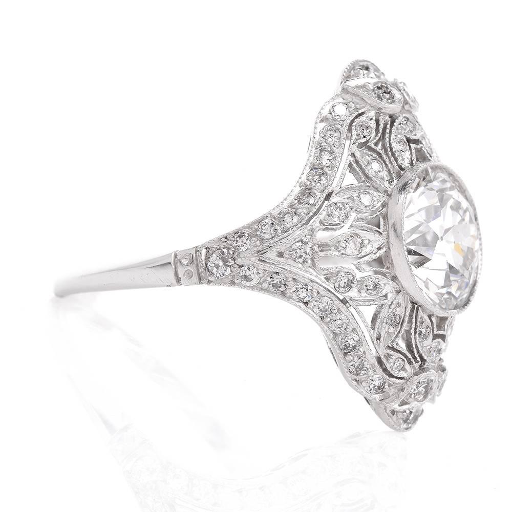 Antique 2.25 Carat Diamond Platinum Filigree Engagement Cocktail Ring 1