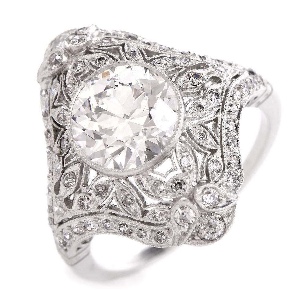 Art Deco Antique 2.25 Carat Diamond Platinum Filigree Engagement Cocktail Ring
