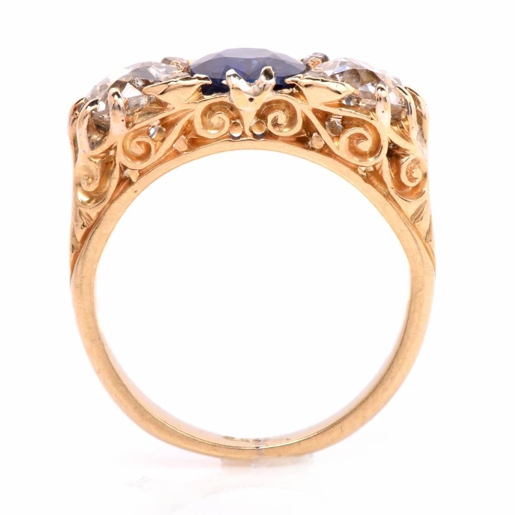 Antique Sapphire Diamond Three Stone Gold Ring 2
