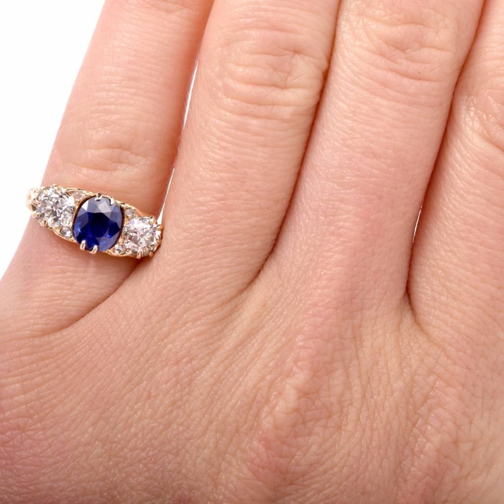 Women's Antique Sapphire Diamond Three Stone Gold Ring