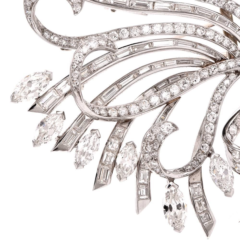 Art Deco Vinatge 15.51 Carat Diamond Platinum Floral Motif Lapel Brooch For Sale