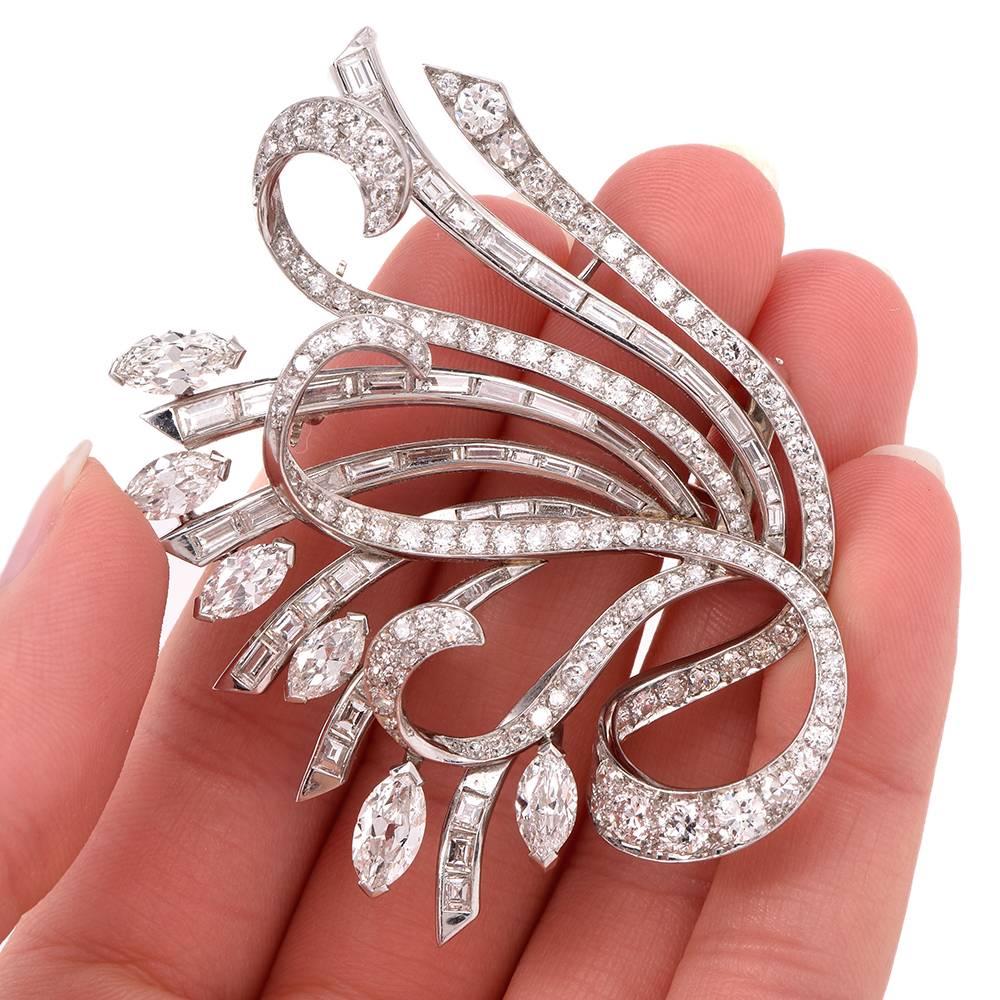 Women's Vinatge 15.51 Carat Diamond Platinum Floral Motif Lapel Brooch For Sale