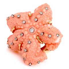 Coral Diamond Yellow Gold Star Fish Cocktail Ring