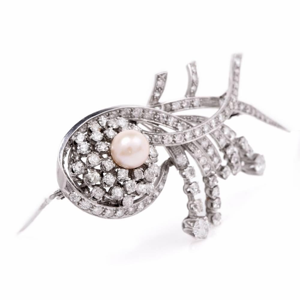 7.80 Carat Diamond Pearl Platinum Floral Bouquet Pin Brooch 1