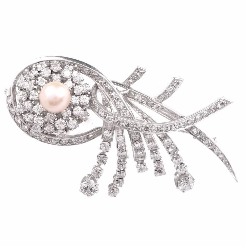 7.80 Carat Diamond Pearl Platinum Floral Bouquet Pin Brooch In Excellent Condition In Miami, FL