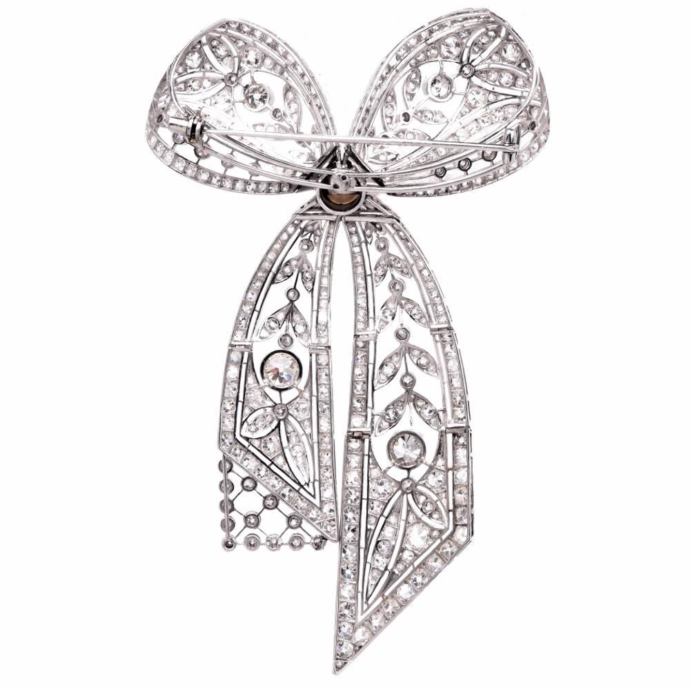 Women's Diamond Platinum Garland Motif Ribbon Bow Pin Brooch