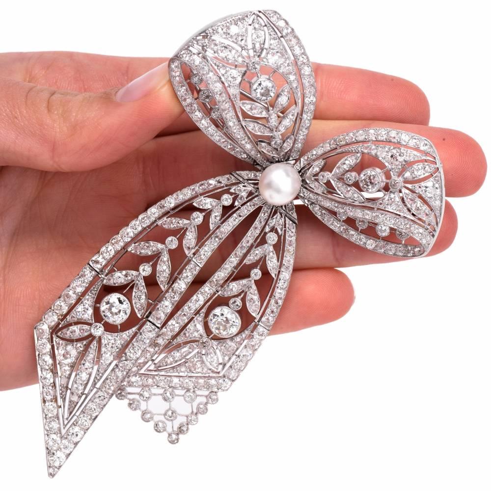 Edwardian Diamond Platinum Garland Motif Ribbon Bow Pin Brooch