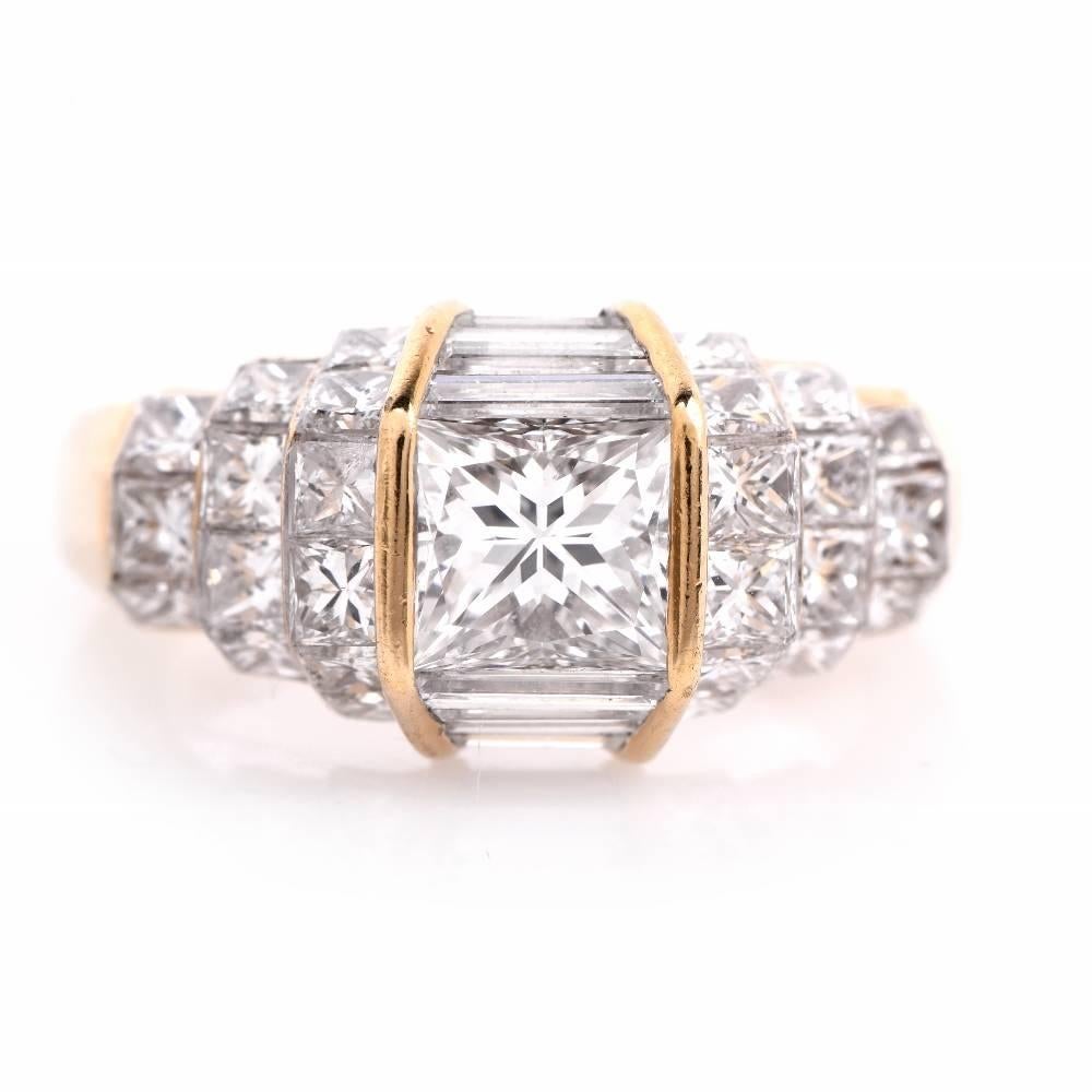 This sparkling engagement ring of unmatched feminine grace is crafted in 18K yellow gold and weighs 7.1 grams. It is centered with an eminent 1.04ct princess-cut diamond, GIA Certified graded color E and VS1 clarity. A number of 6 graduated baguette