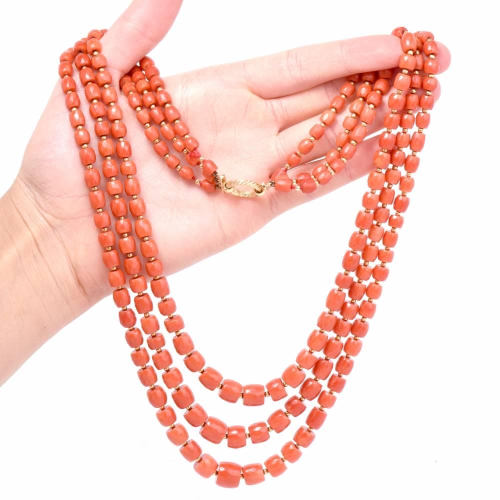Retro Triple Strand Red Natural Coral Gold Beads Necklace For Sale