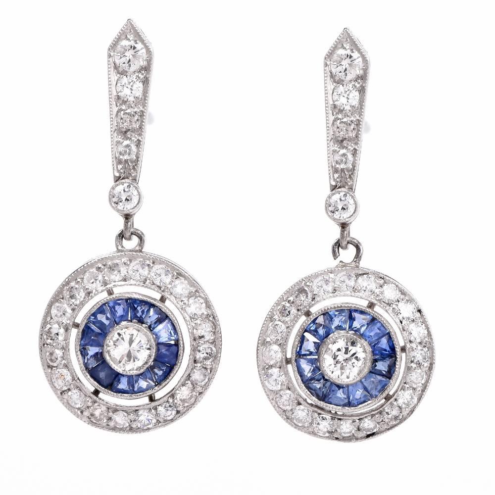 Diamond Sapphire Platinum Target Drop Pendant Earrings