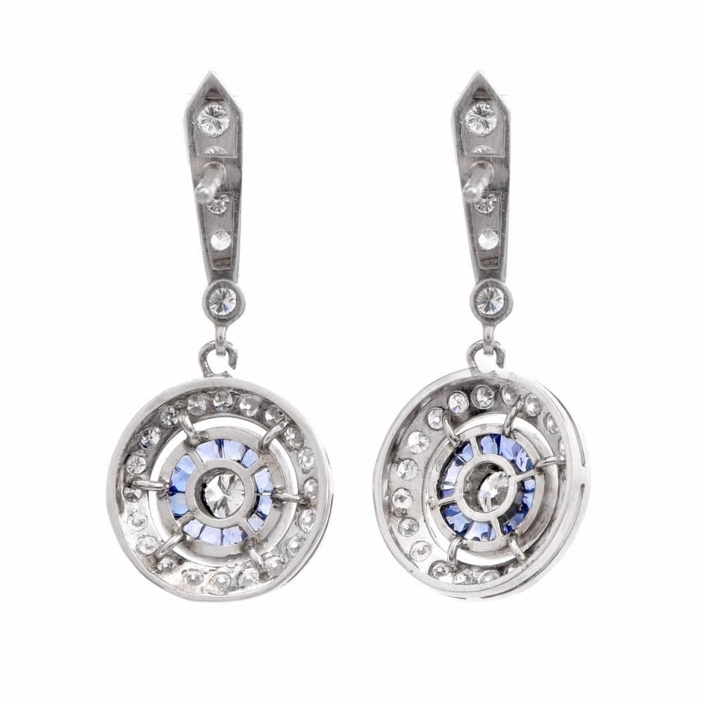 Art Deco Diamond Sapphire Platinum Target Drop Pendant Earrings