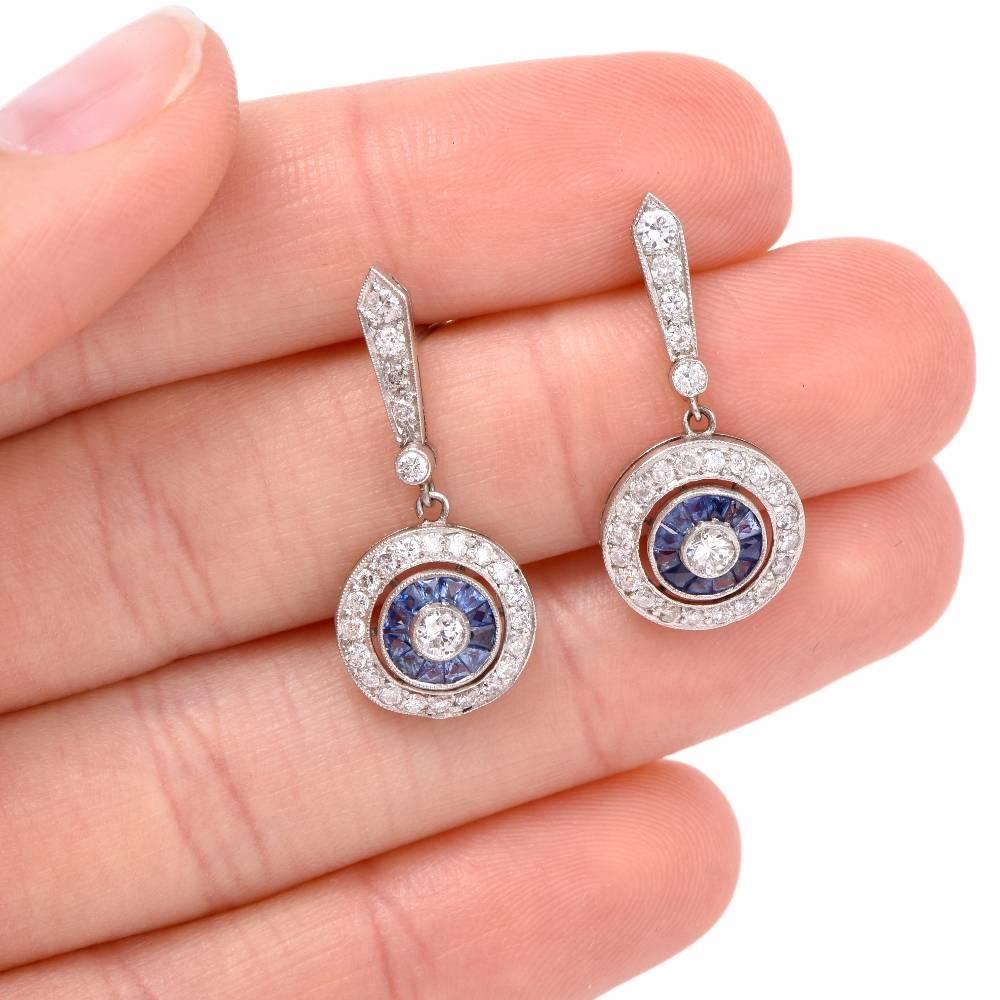 Diamond Sapphire Platinum Target Drop Pendant Earrings In Excellent Condition In Miami, FL