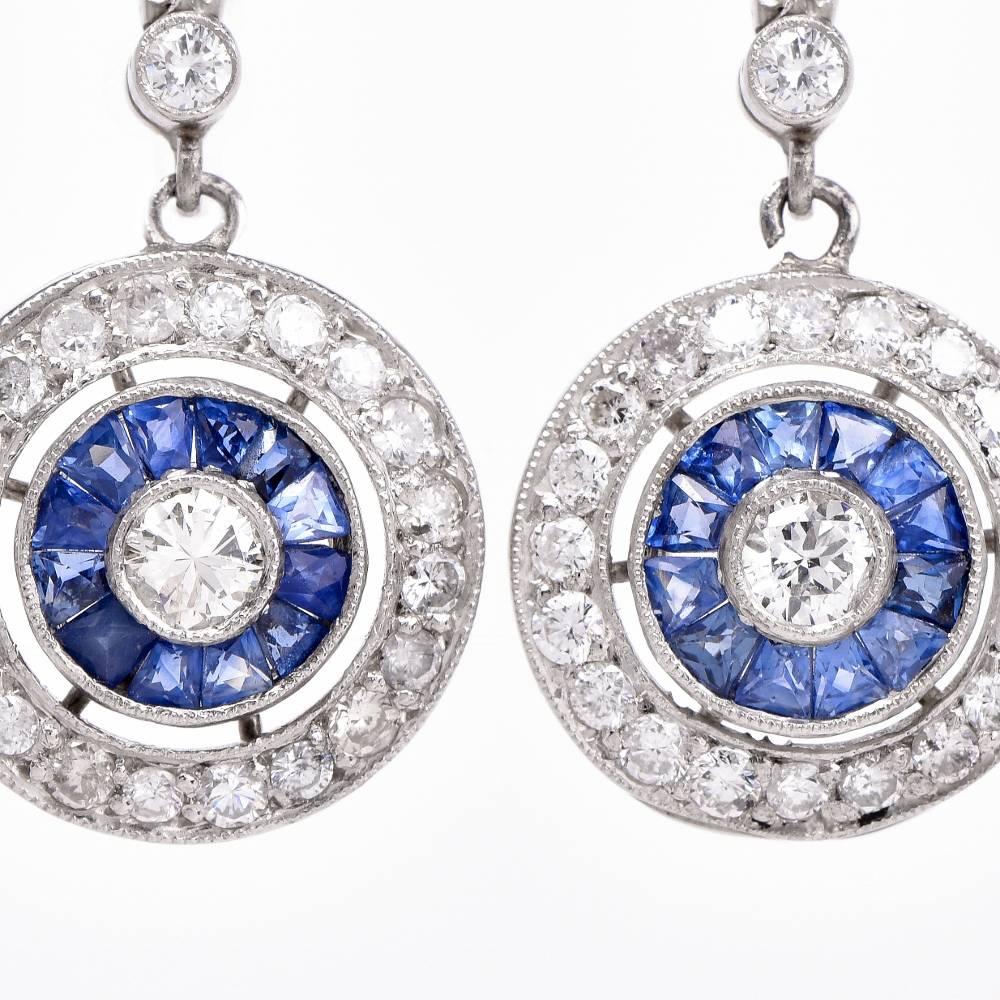 Women's or Men's Diamond Sapphire Platinum Target Drop Pendant Earrings