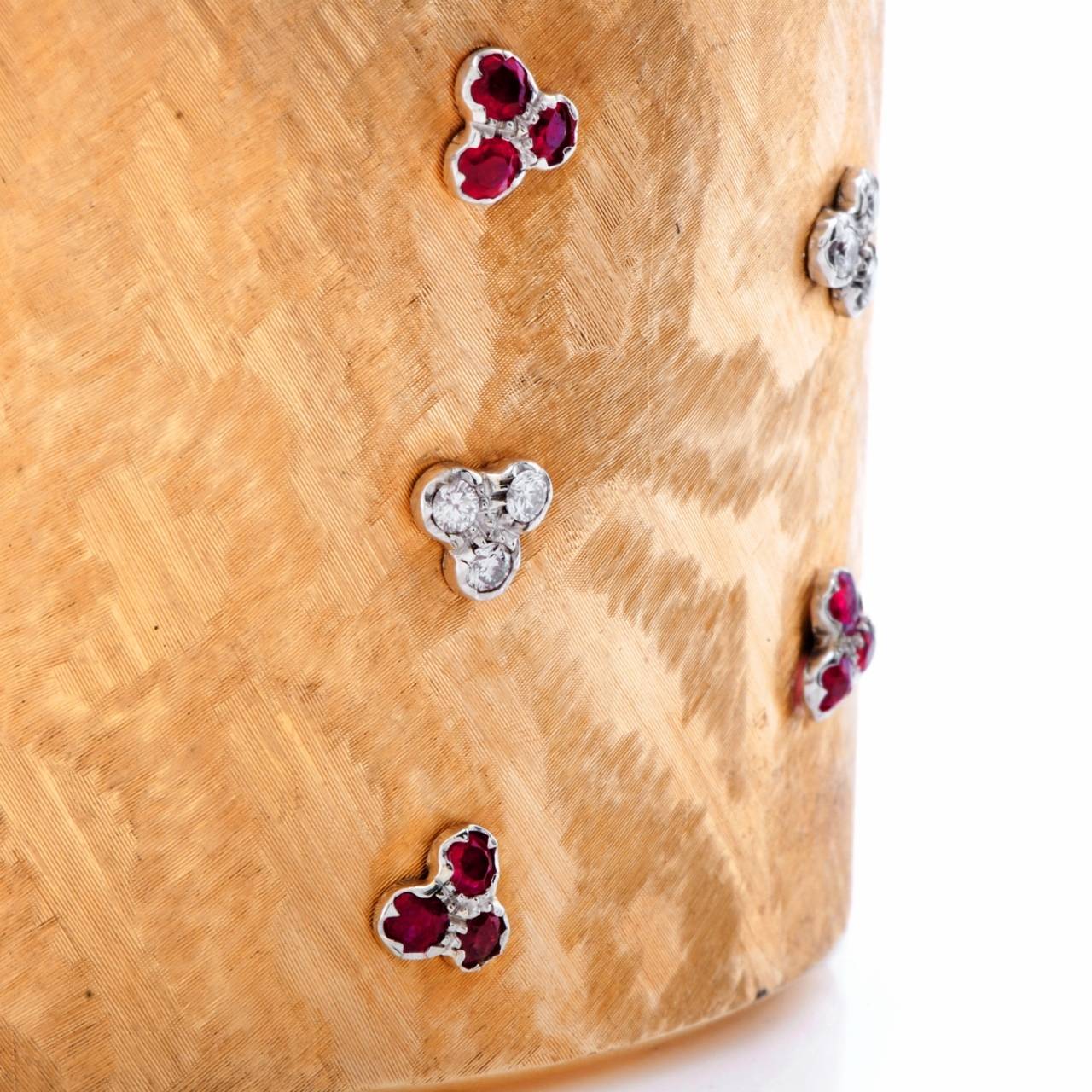 Retro Ruby Diamond Textured Gold Cuff Bangle 1