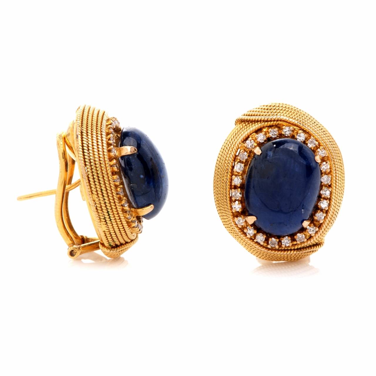 Sapphire Cabochon Diamond Gold Earrings In Excellent Condition In Miami, FL