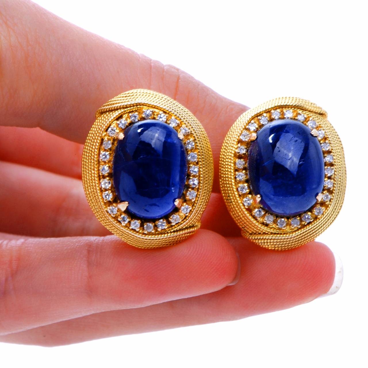 Sapphire Cabochon Diamond Gold Earrings 1