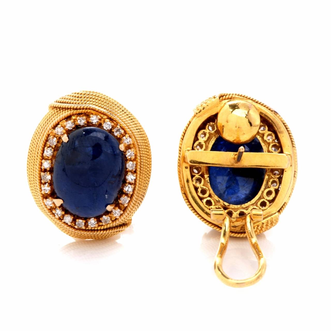 Retro Sapphire Cabochon Diamond Gold Earrings