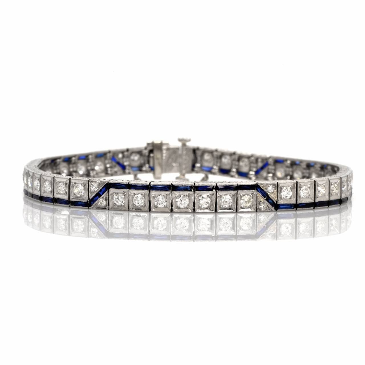This captivating and authentic Art Deco bracelet of unmatched refinement and feminine grace  is   crafted in solid platinum, weighing 19.3 grams and measuring 7.5