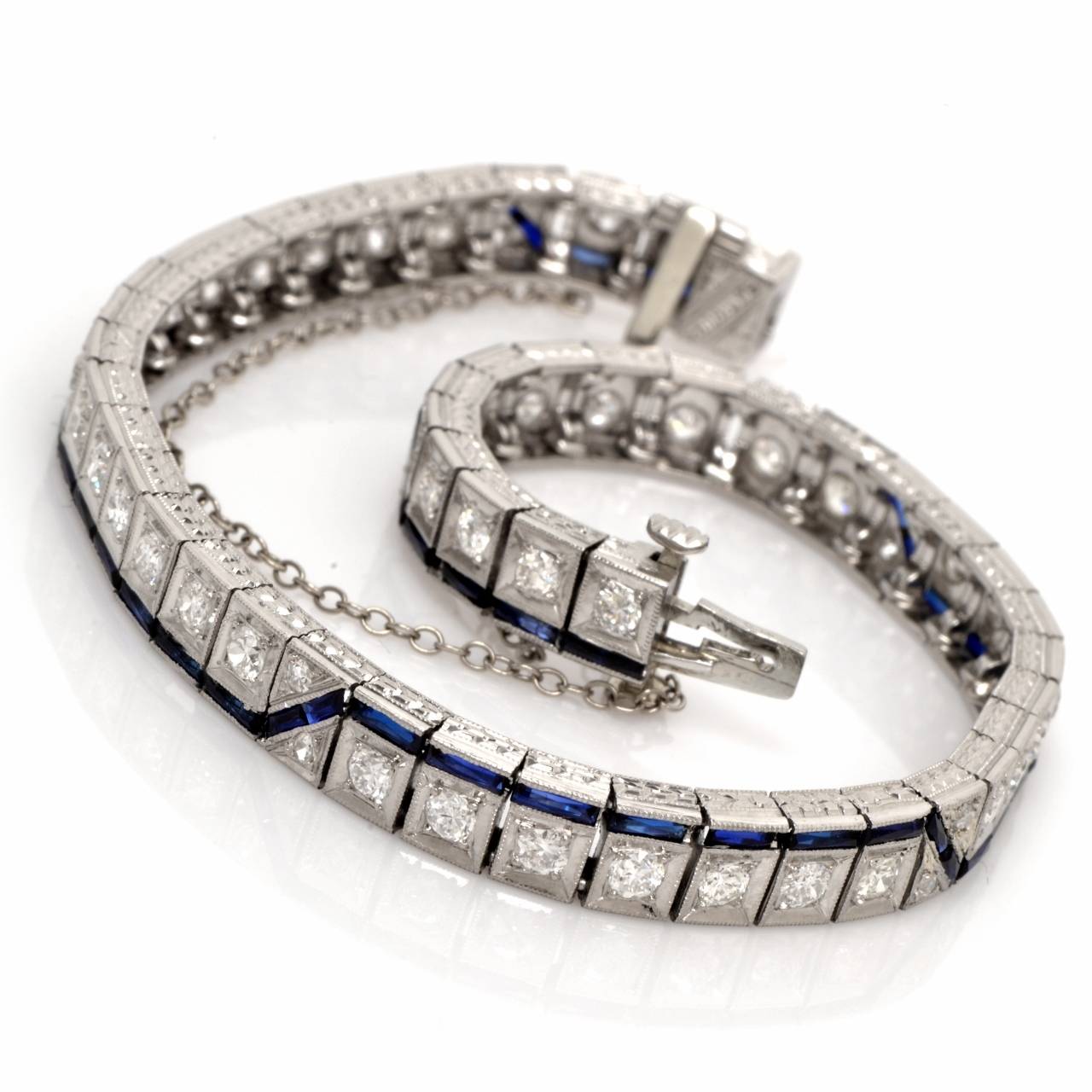 Women's Art Deco Sapphire Diamond Platinum Line Bracelet