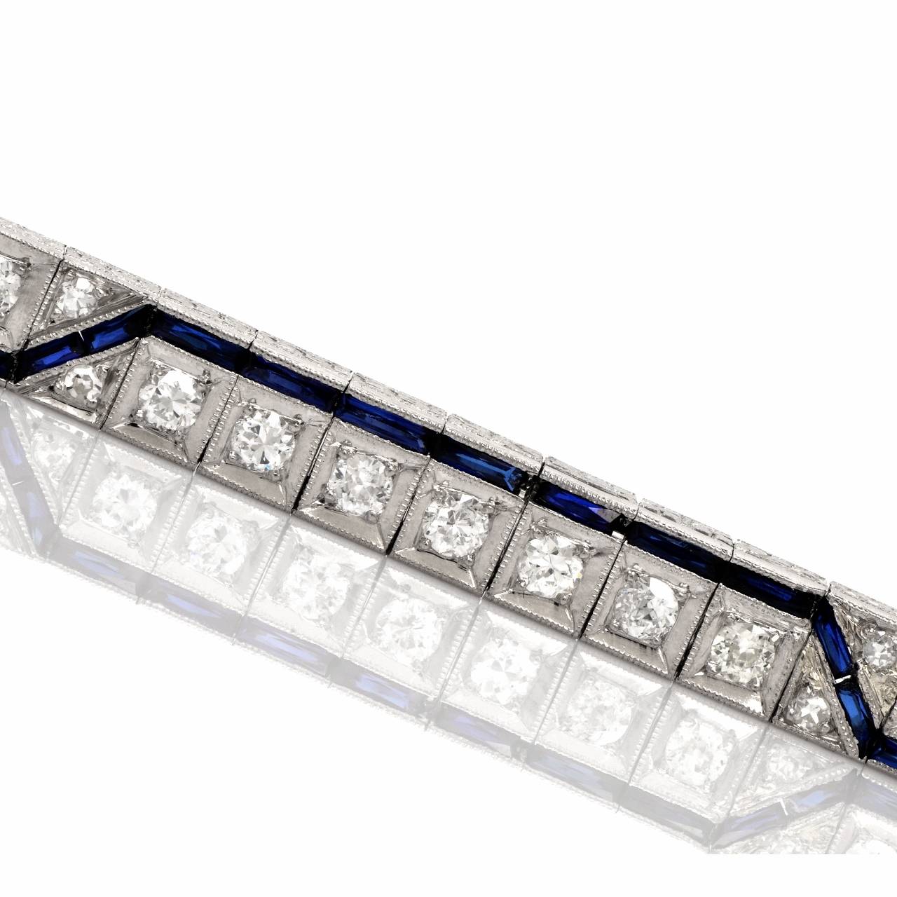 Art Deco Sapphire Diamond Platinum Line Bracelet In Excellent Condition In Miami, FL